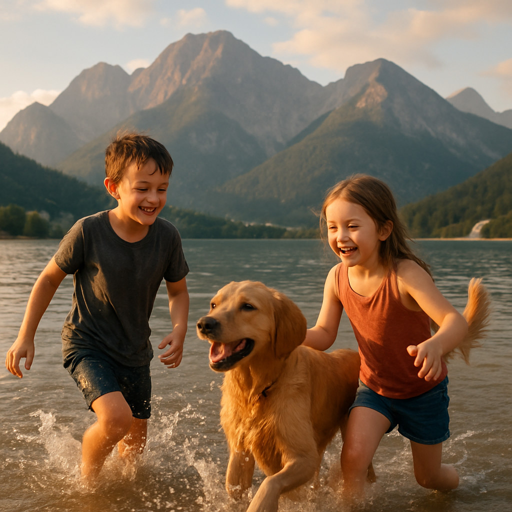 Enfants avec chien dans le lac Enfants avec chien dans un lac
